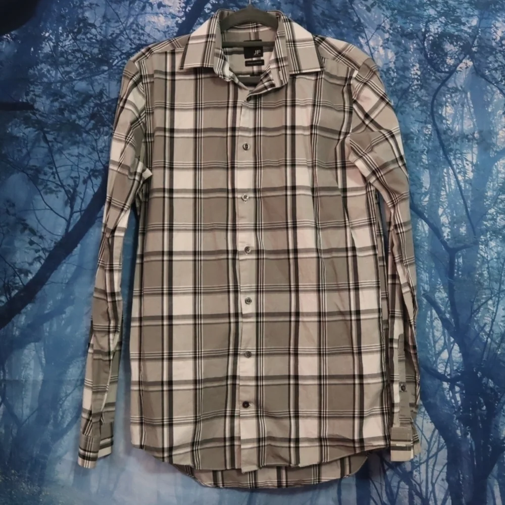 LAST CHANCE - PLAID BUTTONDOWN S Mens J Ferrar Black Grey White Academia Casual - Picture 2 of 7